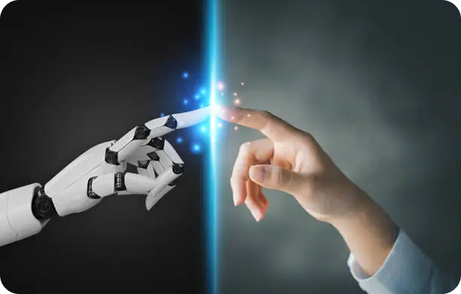 AI Job Post Creation - Robot and human hand touching